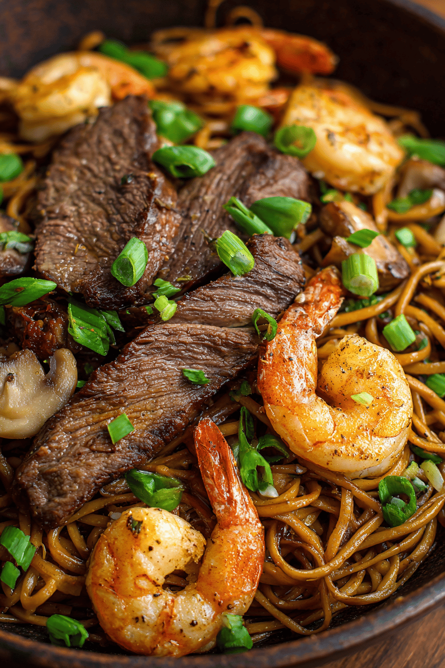 Steak and Shrimp Noodles for a Gourmet Home Meal