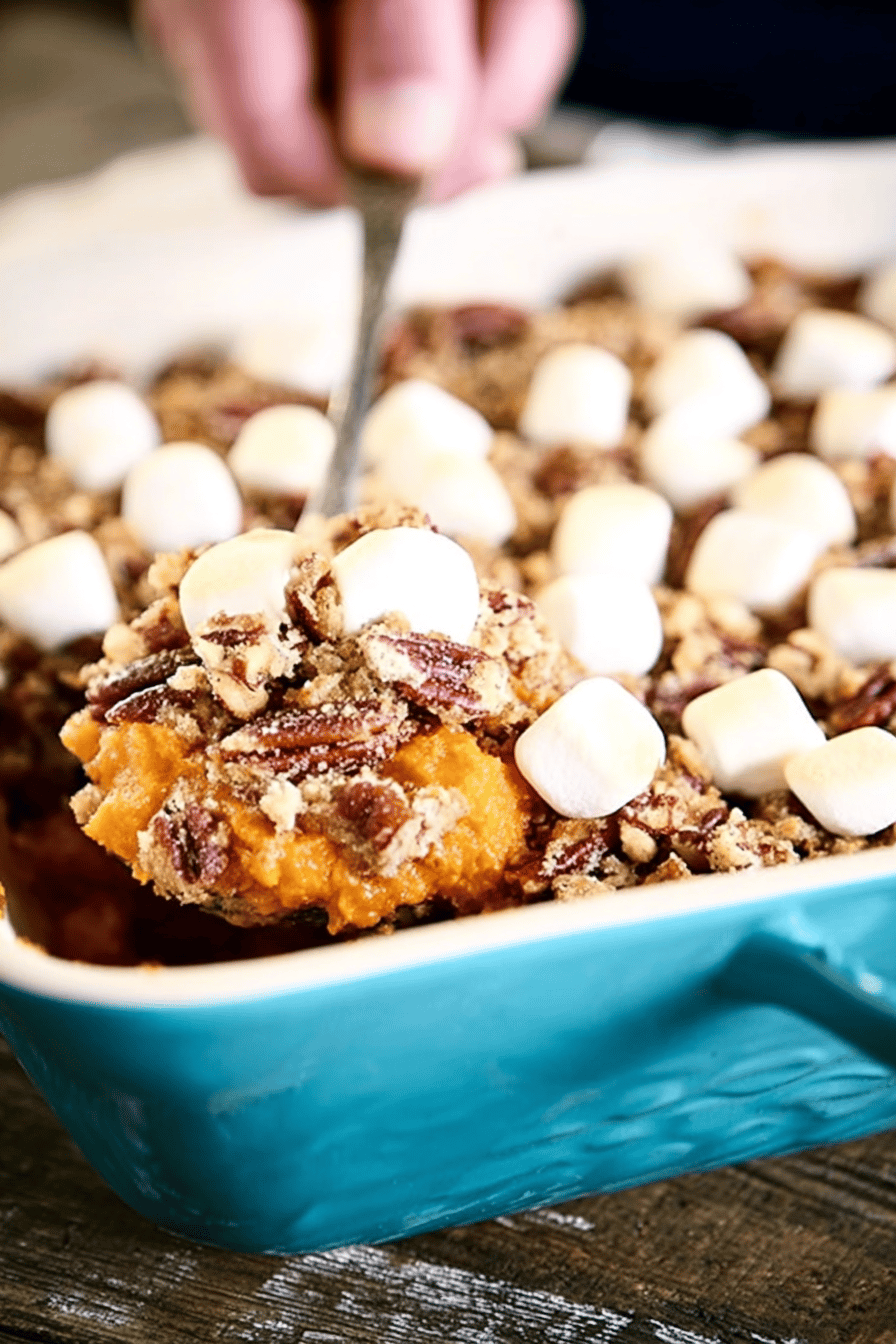 Sweet Potato Casserole with Pecans and Marshmallows