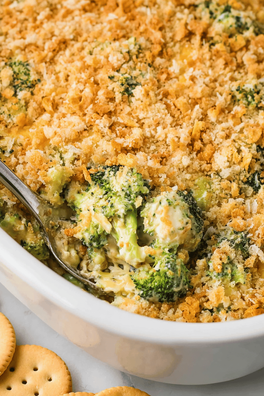 Creamy Broccoli Cheese Casserole with Ritz Topping
