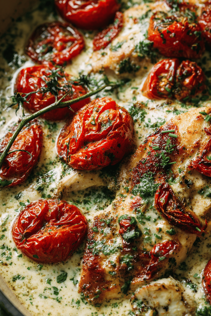 Creamy Pesto Chicken with Roasted Tomatoes Dinner