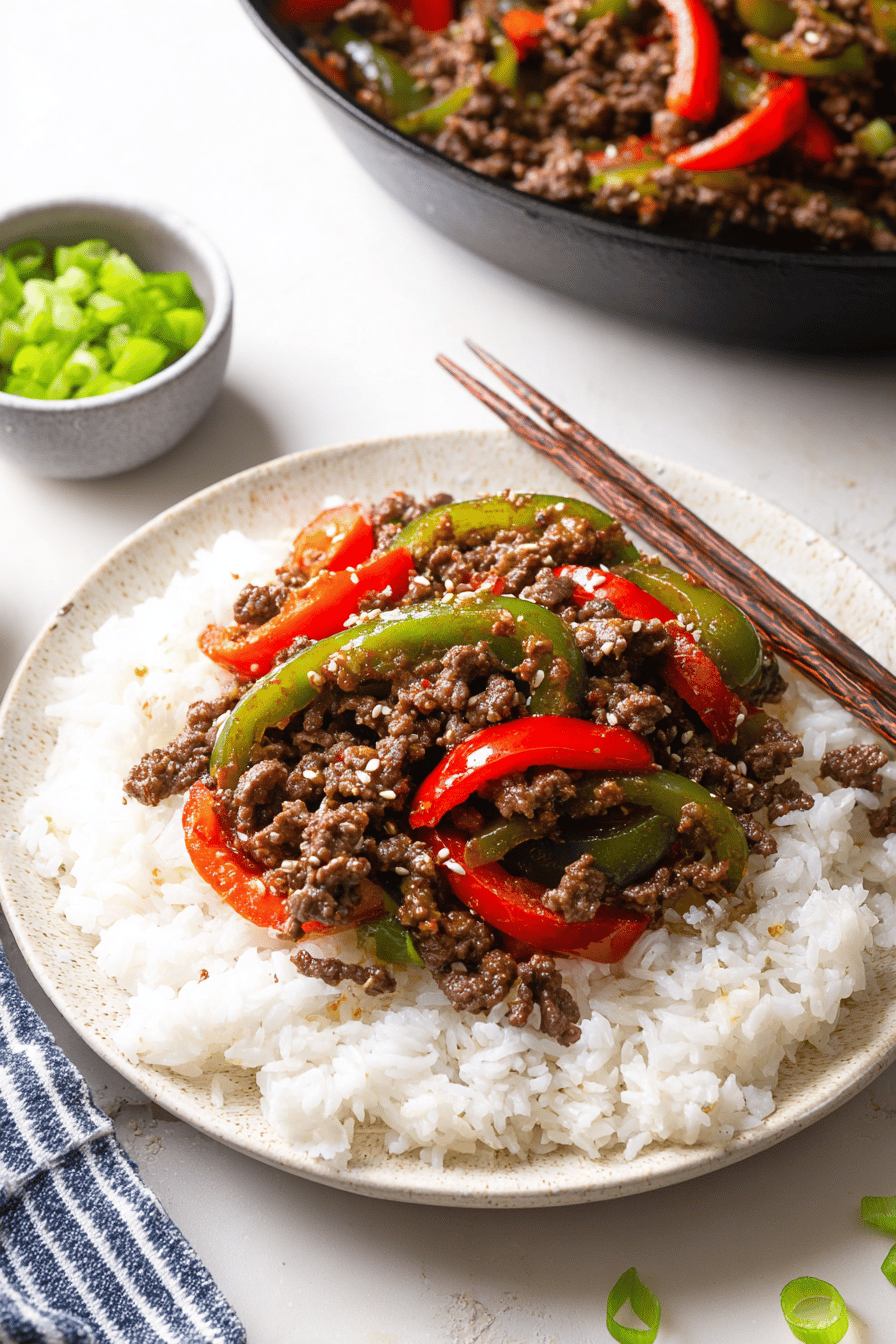 Spicy Asian Beef and Pepper Rice Bowls