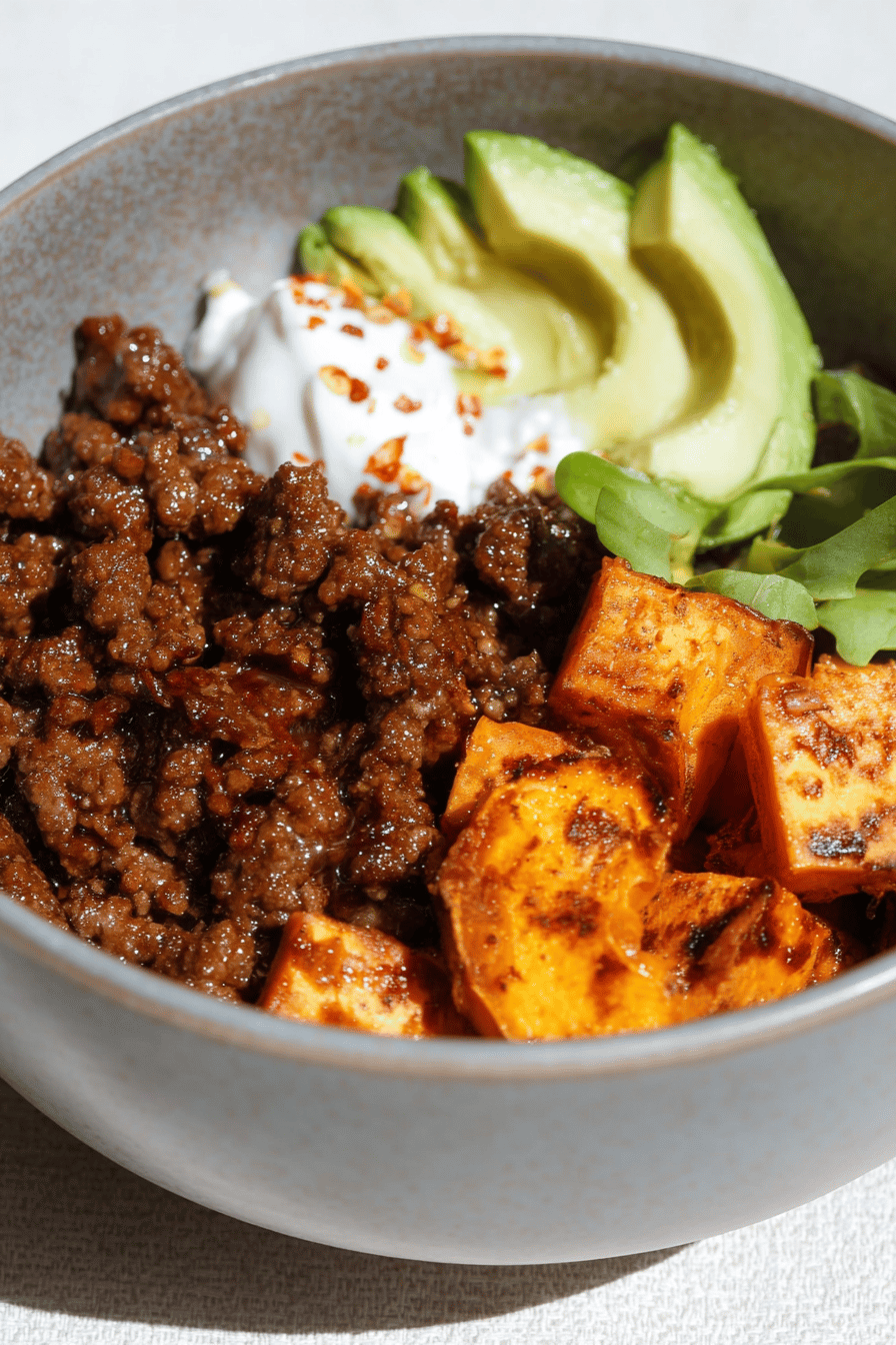 Spicy Hot Honey Beef Bowls with Sweet Potatoes