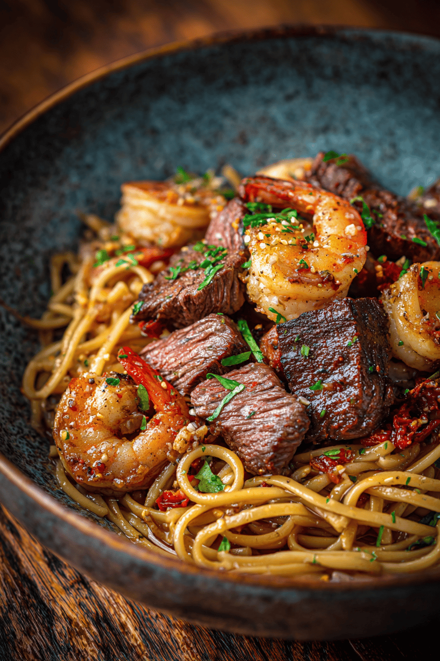 Steak and Shrimp Noodles for a Gourmet Home Meal