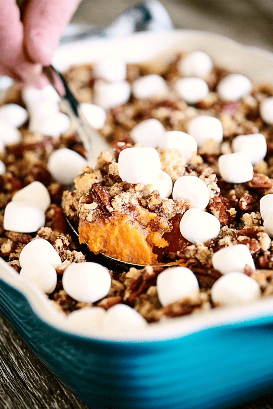 Sweet Potato Casserole with Pecans and Marshmallows