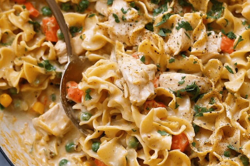 Creamy Chicken Pot Pie Noodle Bake