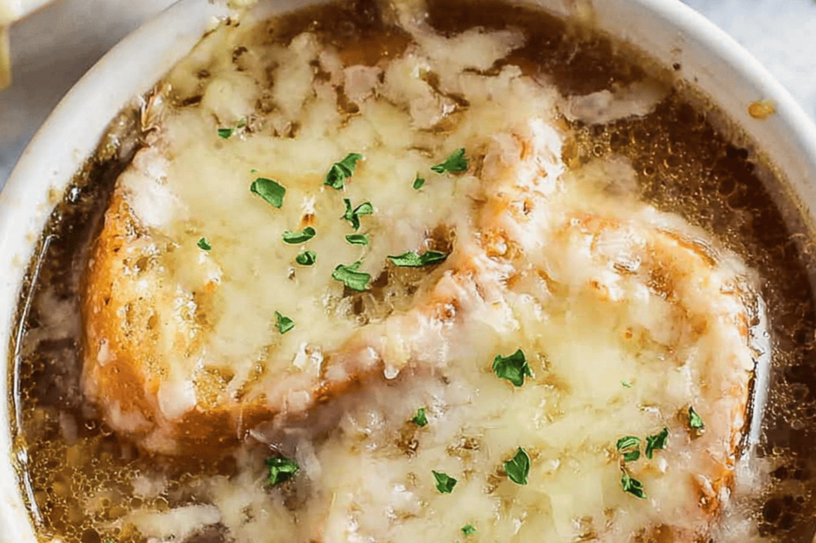 Easy French Onion Soup with Gruyere and Baguette