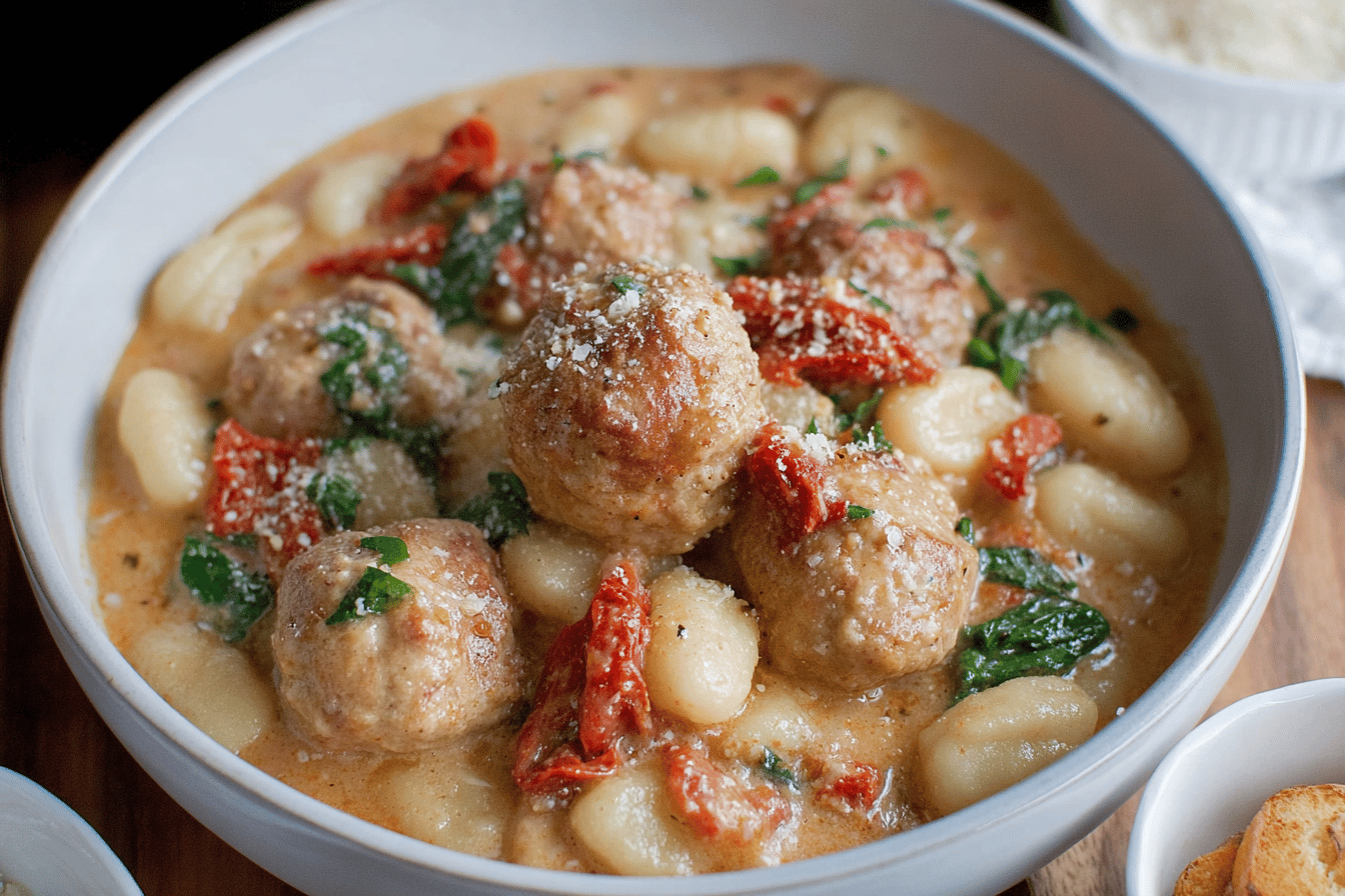 Slow Cooker Tuscan Chicken Meatballs with Gnocchi