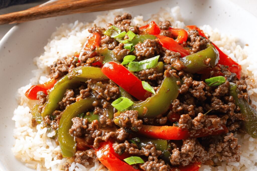 Spicy Asian Beef and Pepper Rice Bowls