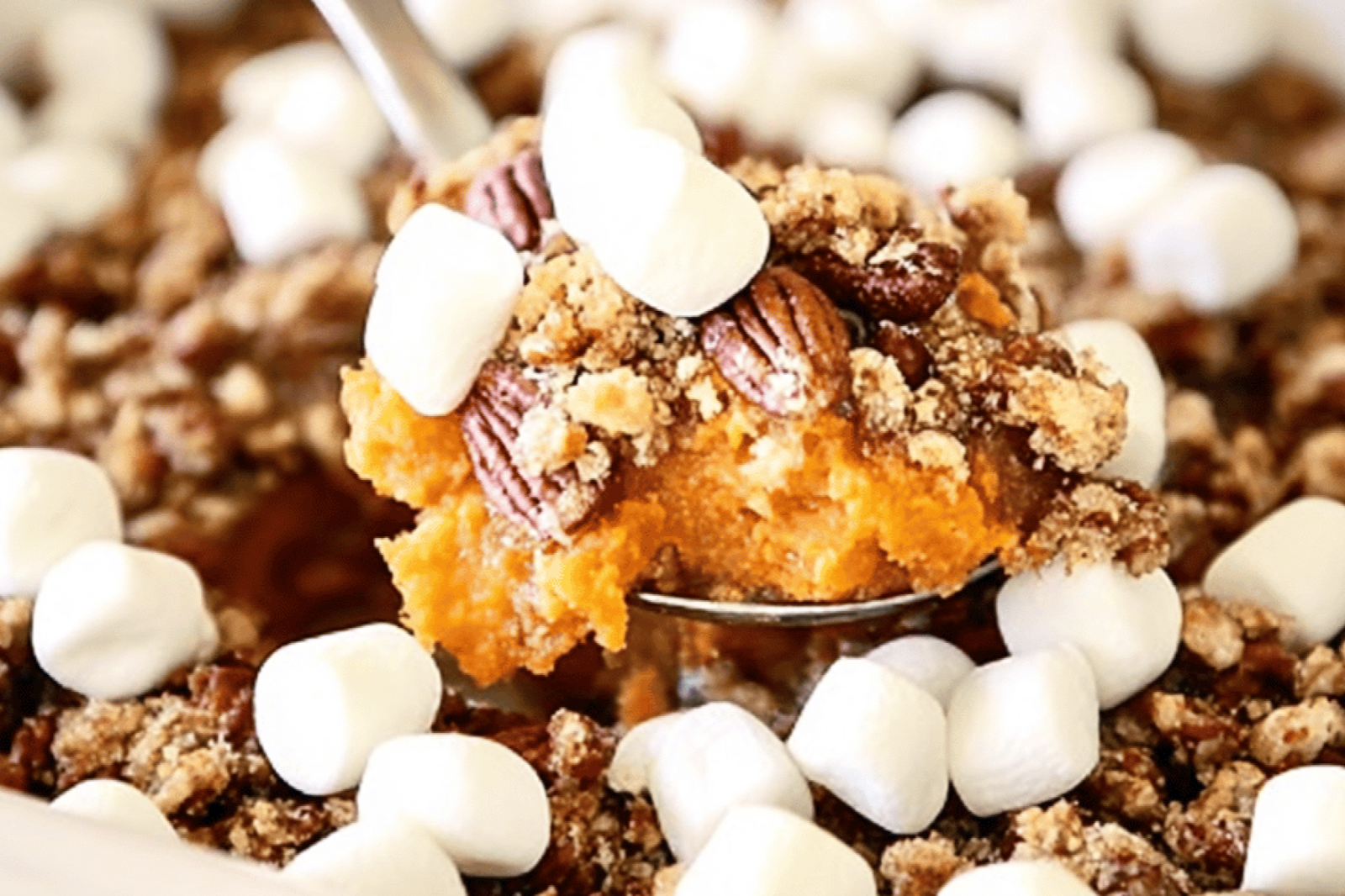 Sweet Potato Casserole with Pecans and Marshmallows