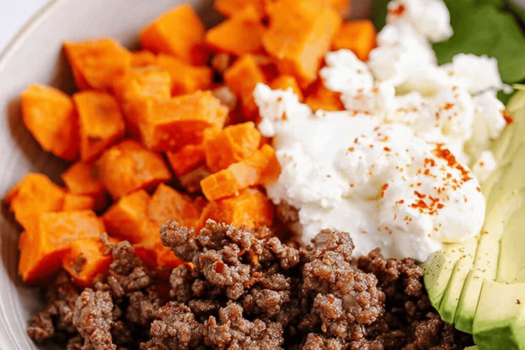 Sweet Potato Beef Cottage Cheese Bowl