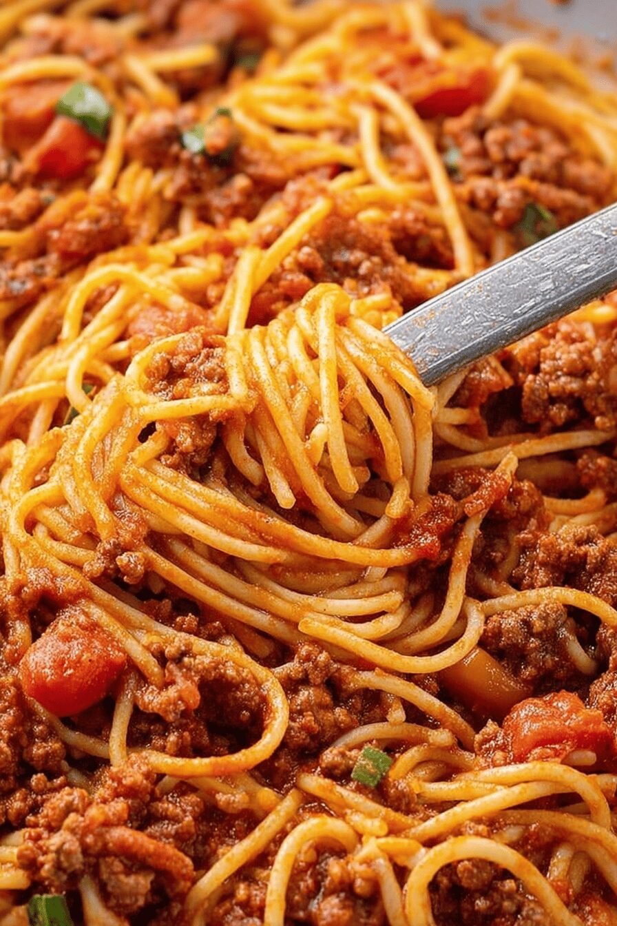 Cowboy Spaghetti Recipe with Beef Bacon Tomato