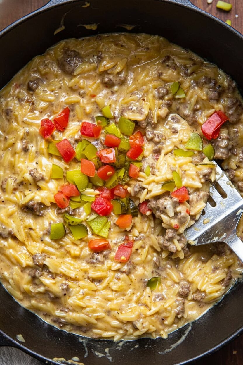 Creamy Cheeseburger Orzo Skillet Recipe