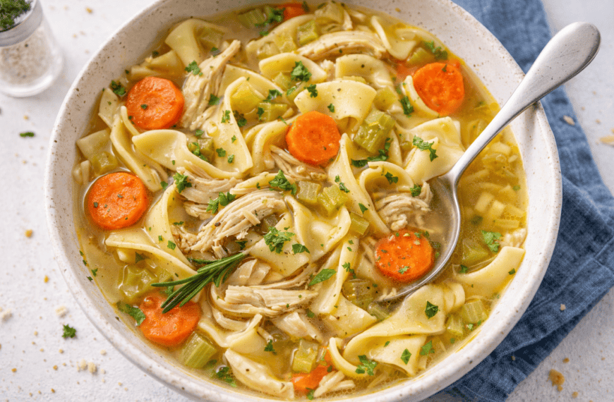 Chicken noodle soup with carrots and celery in a clear broth.