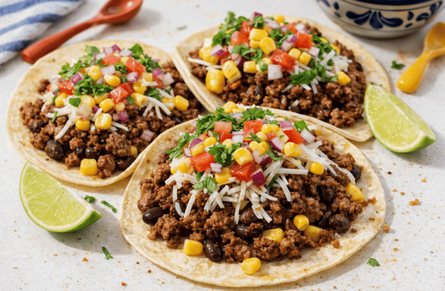 Delicious ground beef tacos topped with corn, tomatoes, cheese, and fresh herbs.
