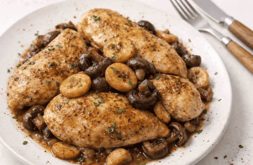 Chicken thighs with mushrooms and herbs on a white plate.
