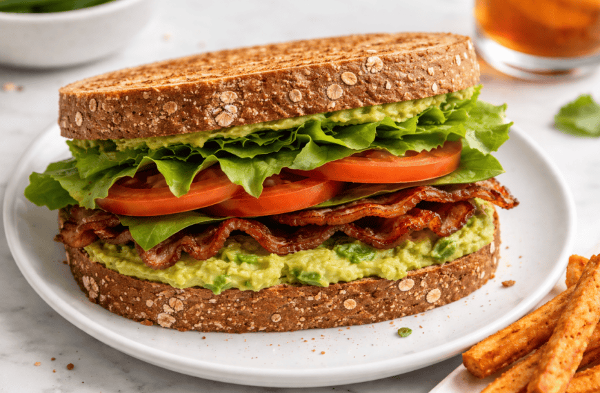 Delicious bacon and avocado sandwich on whole grain bread with fresh vegetables.