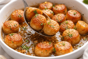 Delicious seared scallops in garlic butter sauce garnished with herbs.