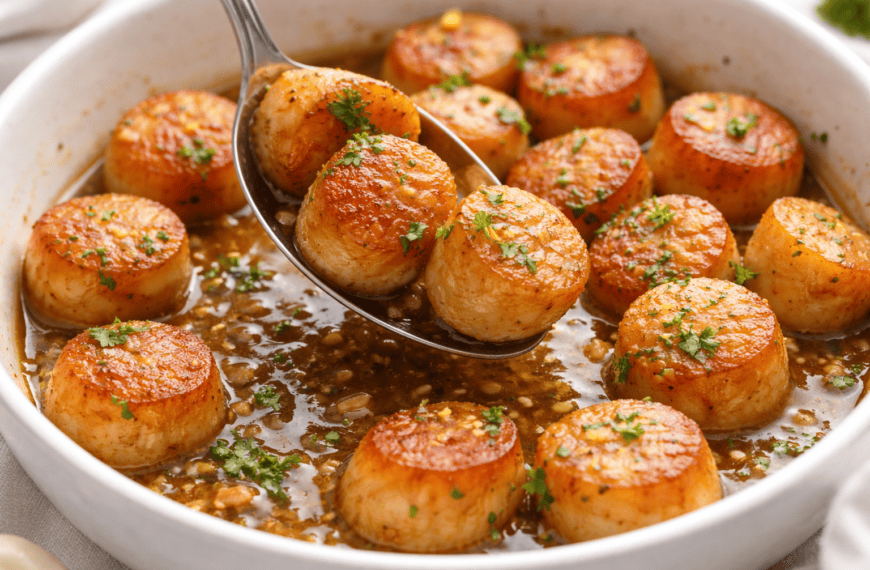 Delicious seared scallops in garlic butter sauce garnished with herbs.