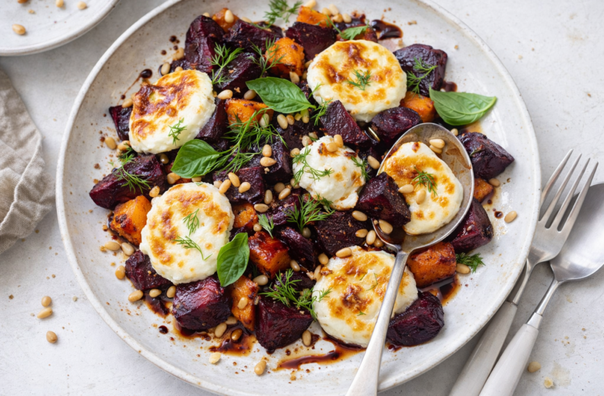 A simple roasted beet salad with goat cheese and walnuts, for&hellip;