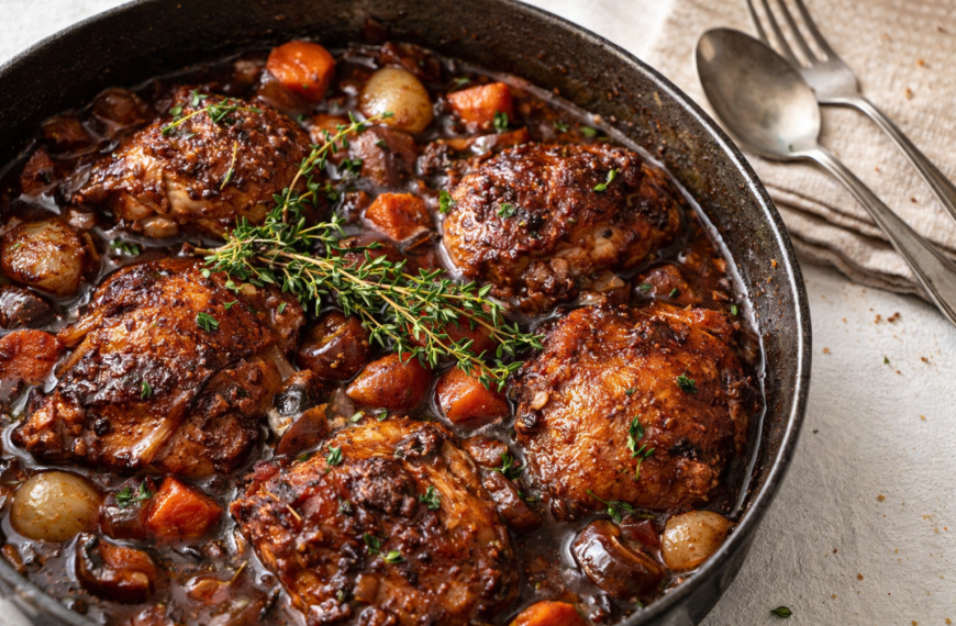 A classic French chicken stew, braised in red wine with bacon&hellip;