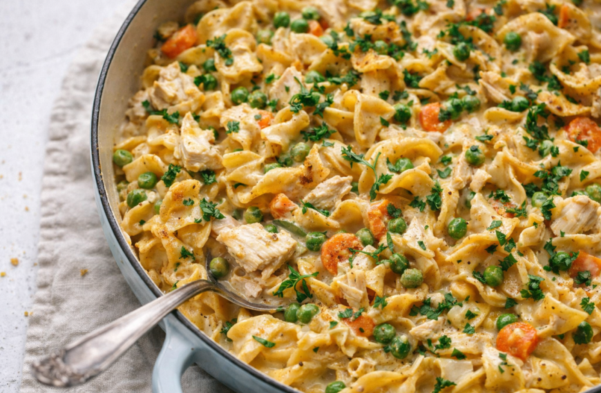 A creamy, one-pan chicken pot pie noodle bake, the easy family&hellip;