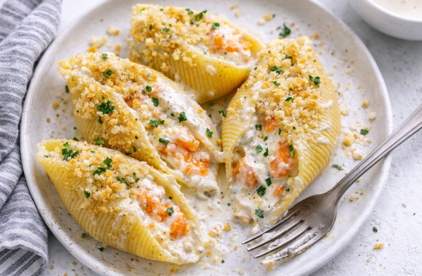 Impress your guests with these creamy seafood stuffed pasta shells, a&hellip;