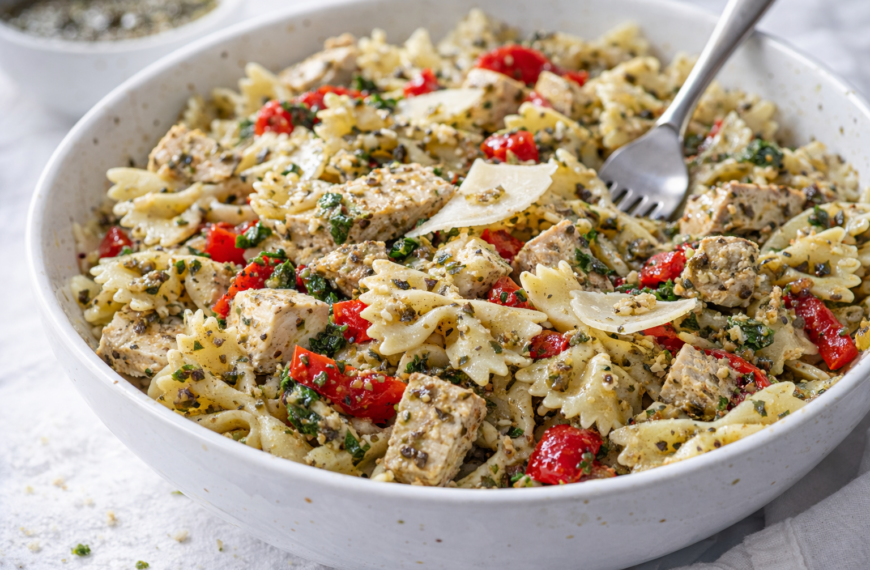This vibrant chicken pesto pasta salad is a summer staple, easy&hellip;
