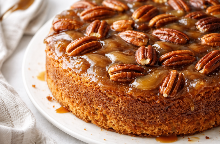 A simple, one-pan pecan upside down cake, with warm spices and&hellip;