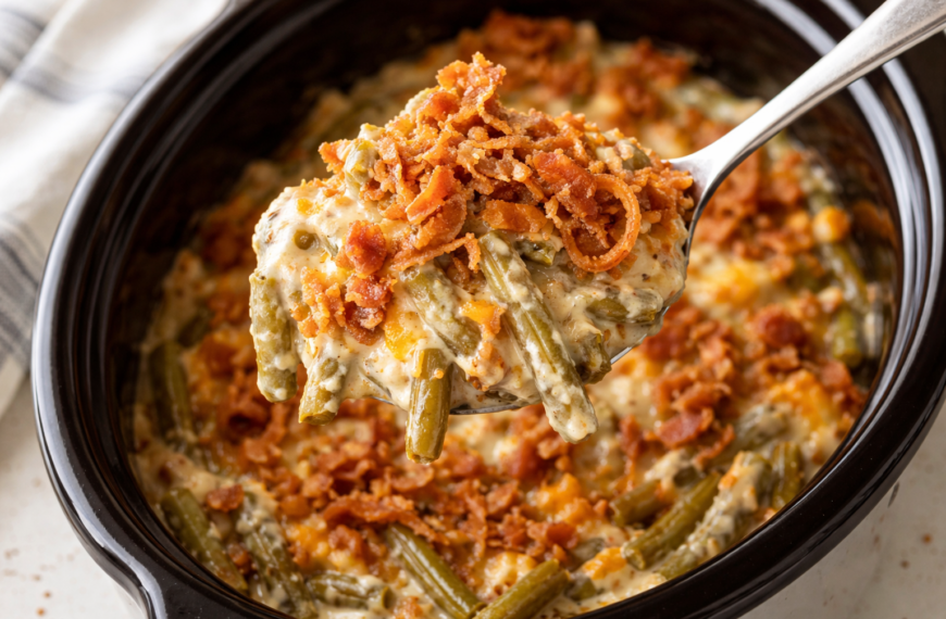 A slow cooker green bean casserole, made with crispy bacon and&hellip;