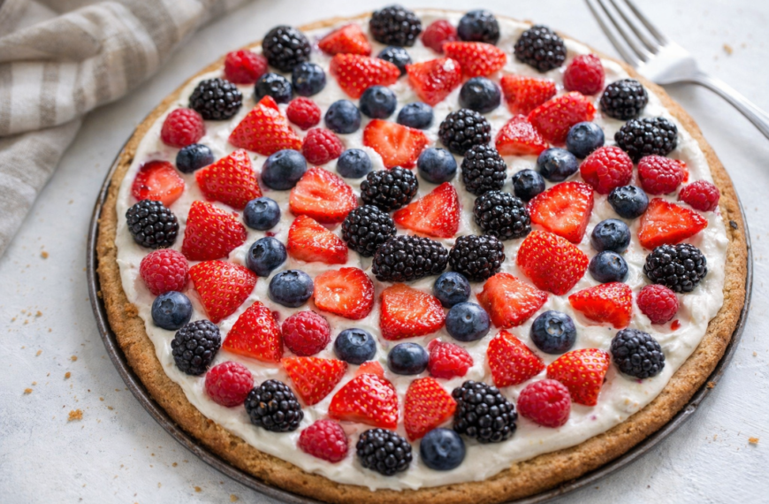 This sweet fruit pizza recipe, with a cookie crust and creamy&hellip;