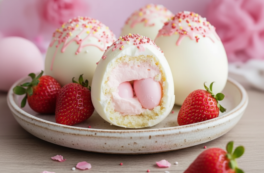Delicious strawberry cream-filled eggs with pink sprinkles and fresh strawberries.