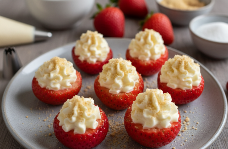 Delicious strawberry cheesecake bites with creamy topping on fresh strawberries.