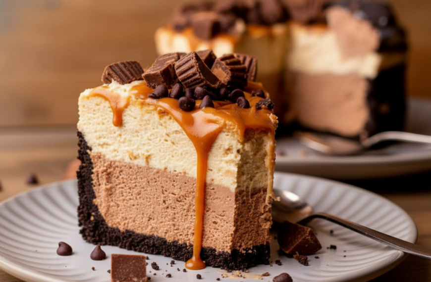 Delicious layered chocolate and caramel cheesecake with chocolate toppings.