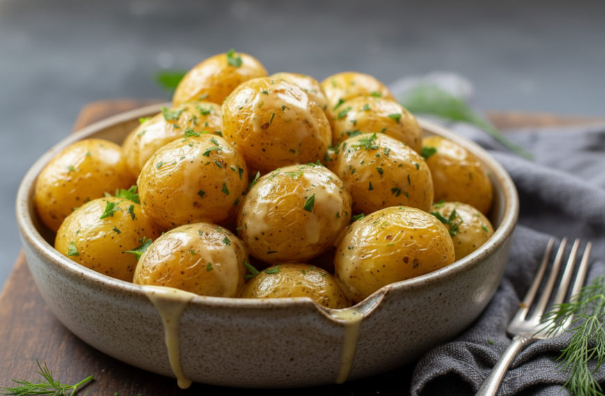 Baby potatoes with herbs and garlic, roasted to perfection.