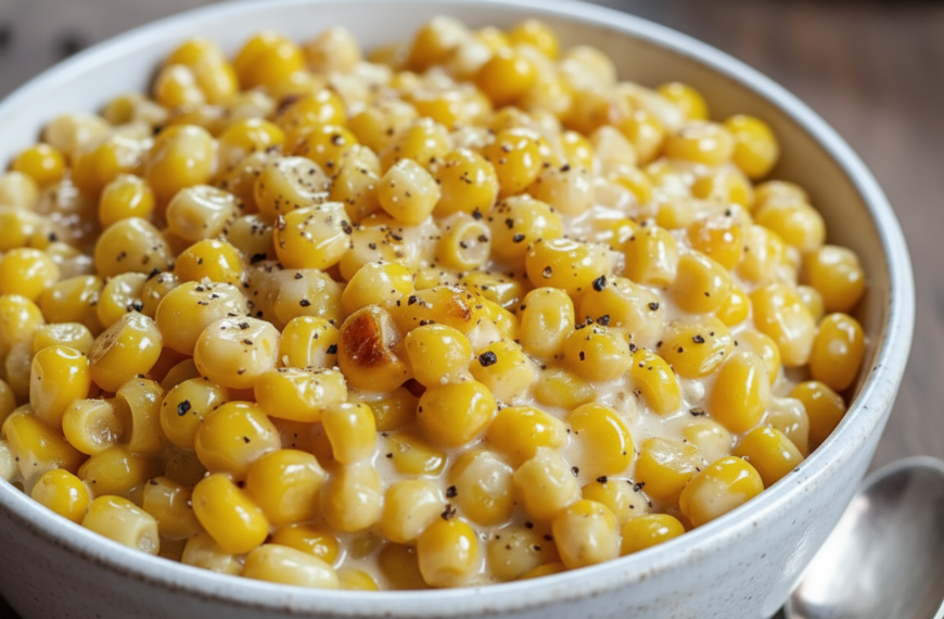 Delicious creamy corn salad with black pepper in a white bowl.