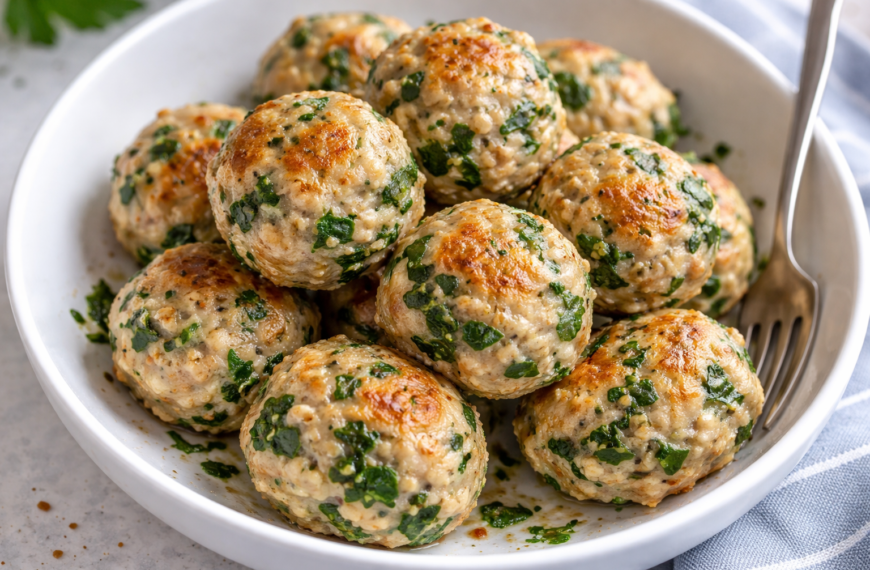 Juicy baked chicken meatballs with hidden spinach, a simple one-pan dinner&hellip;