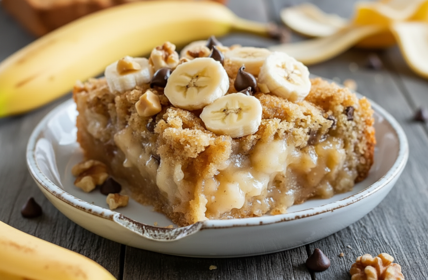 Delicious banana nut pie with caramel and chocolate chips in a crispy crust.
