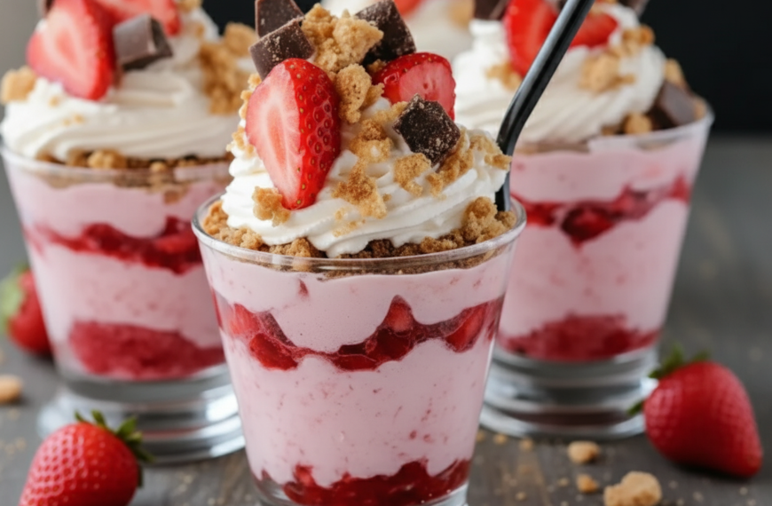Delicious strawberry cheesecake parfaits with whipped cream, graham cracker crumbs, and fresh strawb.