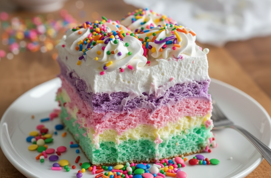 Rainbow layered cake with colorful sprinkles and whipped cream topping.
