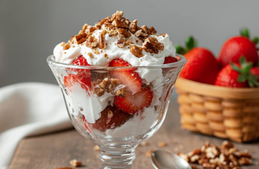 Delicious strawberry parfait topped with whipped cream and crunchy nuts.