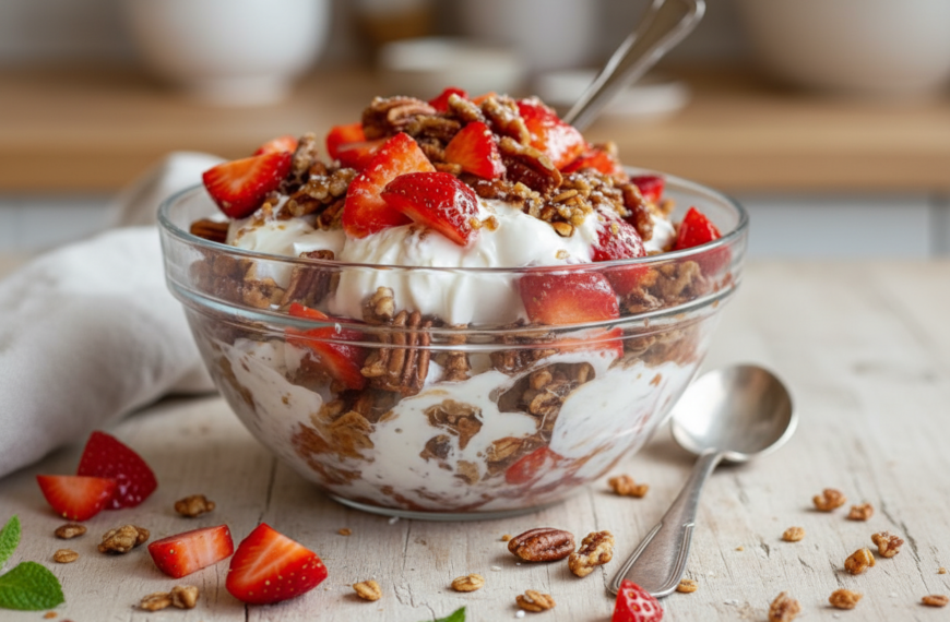 Delicious strawberry and nut parfait with yogurt and granola in a glass bowl.