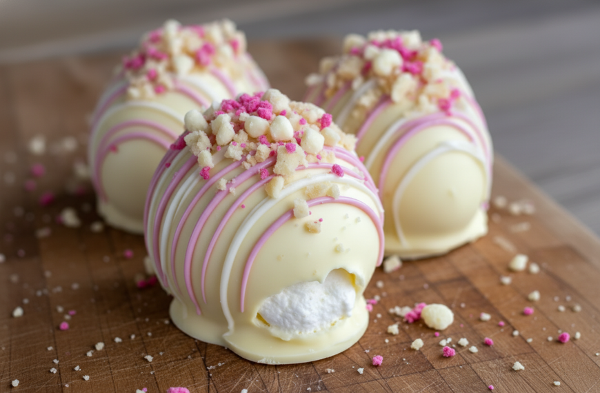 White chocolate truffles with pink drizzle and sprinkles.