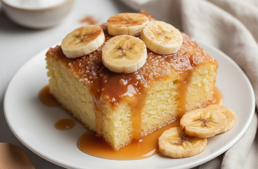 Delicious banana cake topped with caramel and fresh banana slices, perfect for dessert or snack.