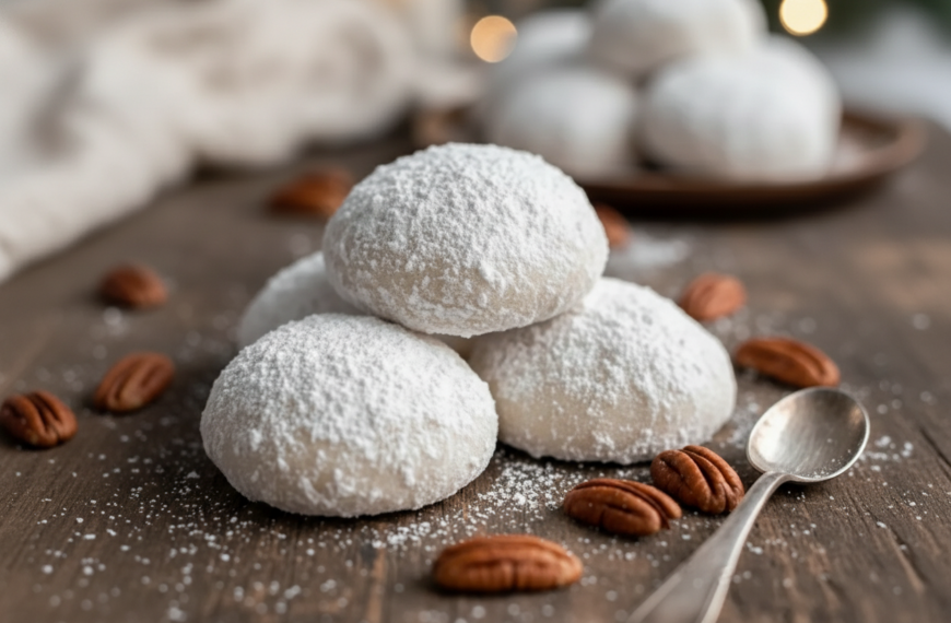 Delicious coconut cookies dusted with powdered sugar on a rustic wooden surface.