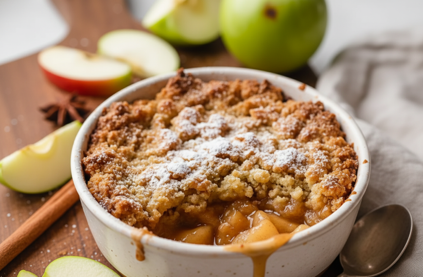 Apple Crisp with fresh apples, cinnamon, and a crunchy topping in a white bowl.