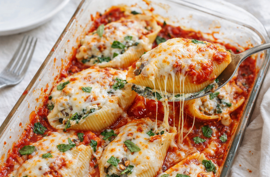 A creamy, meatless pasta bake, this stuffed shells recipe with spinach&hellip;