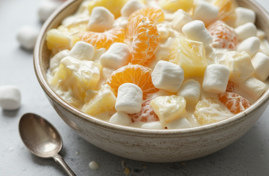 Delicious fruit salad with citrus, marshmallows, and creamy dressing.