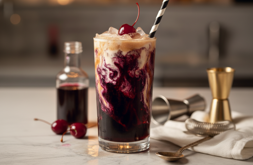 Refreshing cherry berry fizz cocktail with ice and cherry garnish.