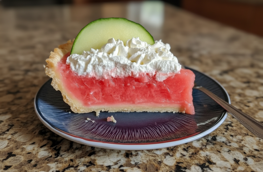 Watermelon pie with whipped cream and cucumber slice on a black plate.