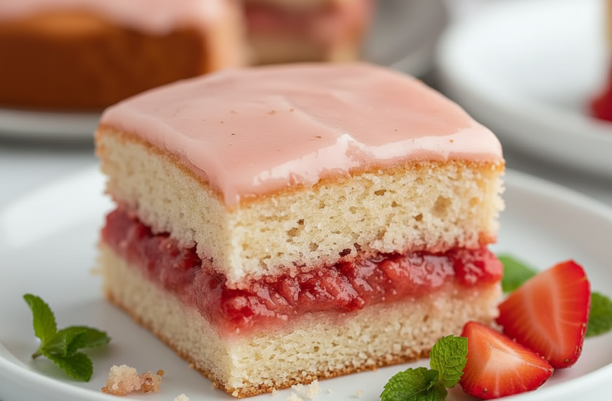 Delicious strawberry layer cake with pink icing and fresh strawberries.